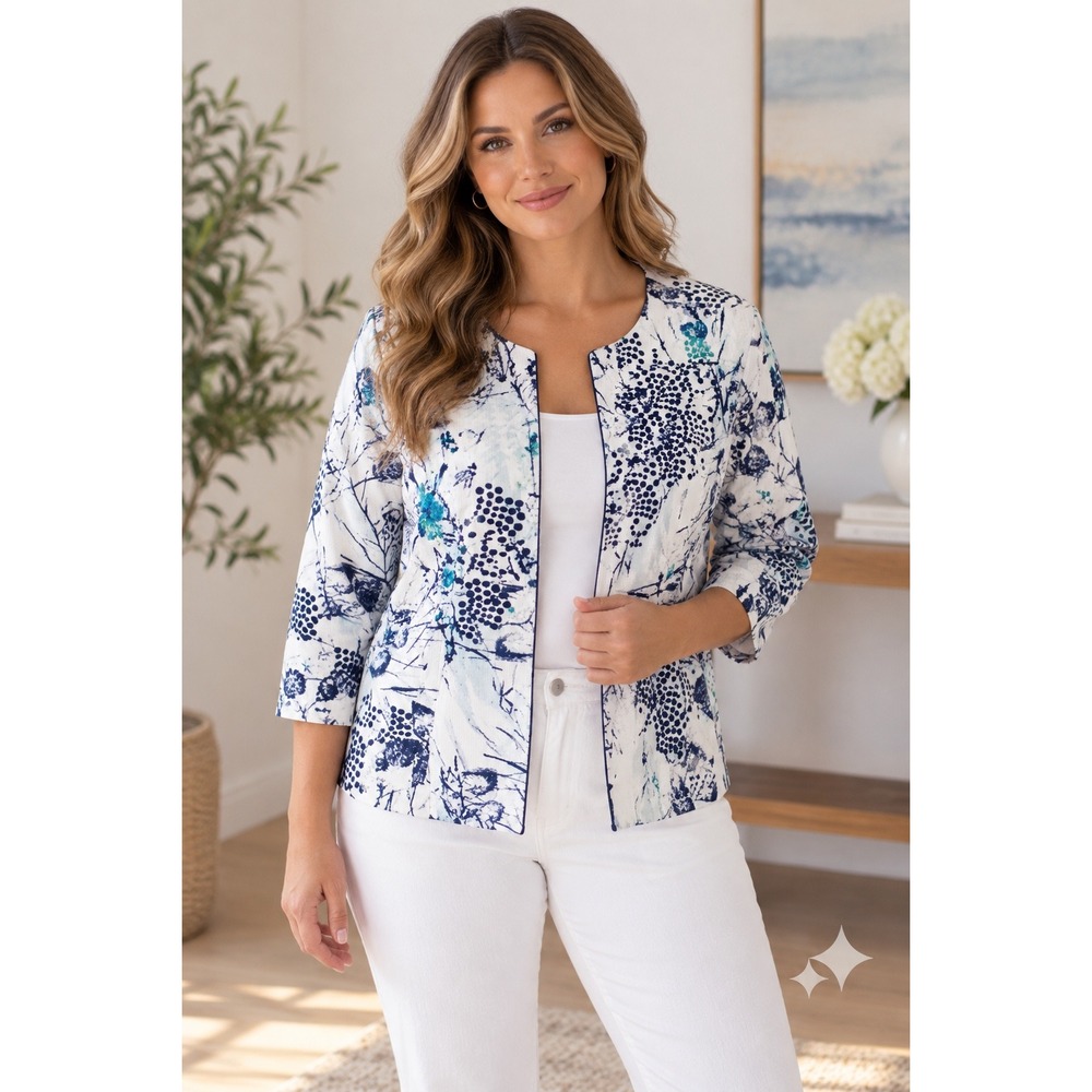 Coldwater Creek Jacket Womens 16 White Floral Excellent Open Front Art To Wear